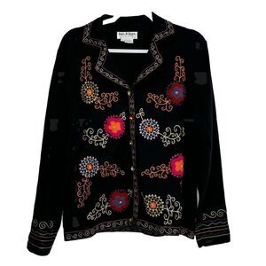 JACK B QUICK Sweater Women Ramie Cotton Embroidery Boho Art To Wear Sz L